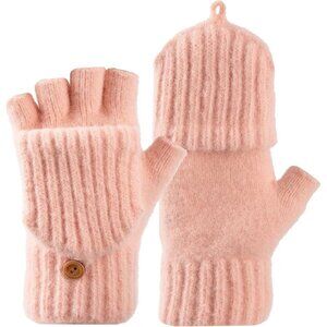 Women's Winter Warm Mittens Knitted Pink Gloves Fingerless Button Closure